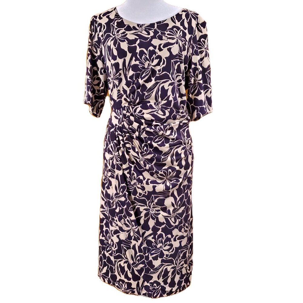 Connected Apparel Faux Wrap Dress Sz 14W Purple Floral Print Career Corpcore